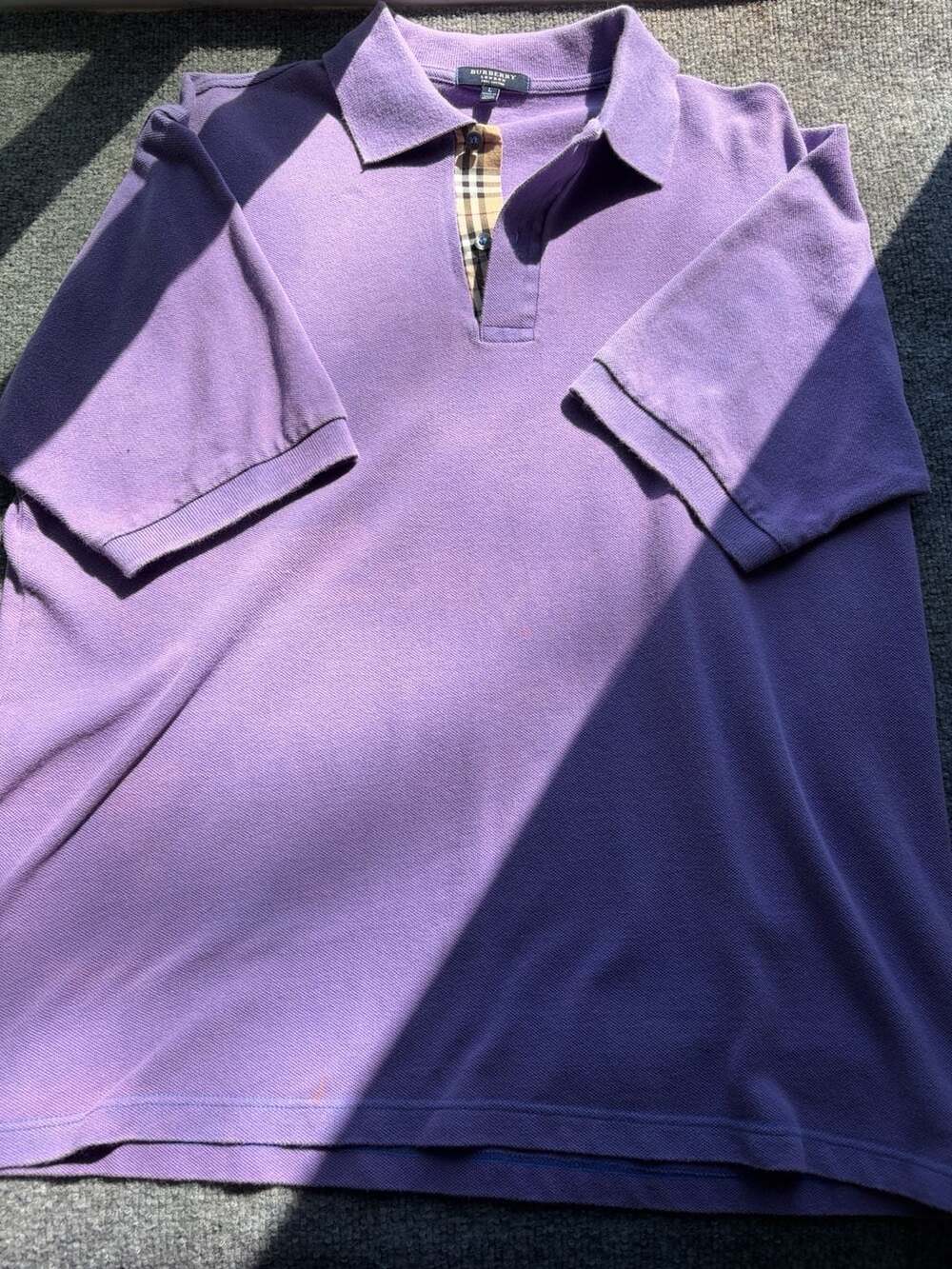 Burberry London Polo Shirt Size L Purple Check Placket Cotton